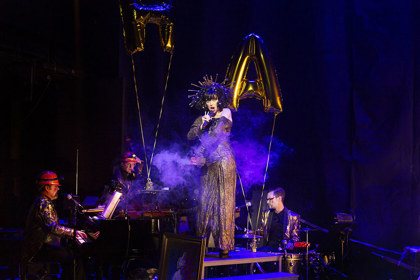 Production still for "Apocalypse Meow: Crisis is Born". L-R: Mark Jones, Dan Witton, Meow Meow, Jethro Woodward. Photographer: Pia Johnson